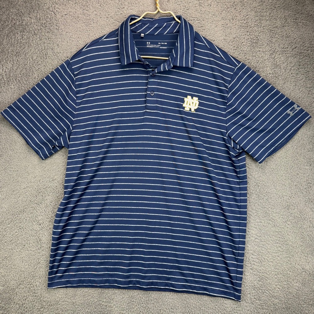 Under Armour Notre Dame Fighting Irish Striped Polo Shirt Mens XL Blue HeatGear